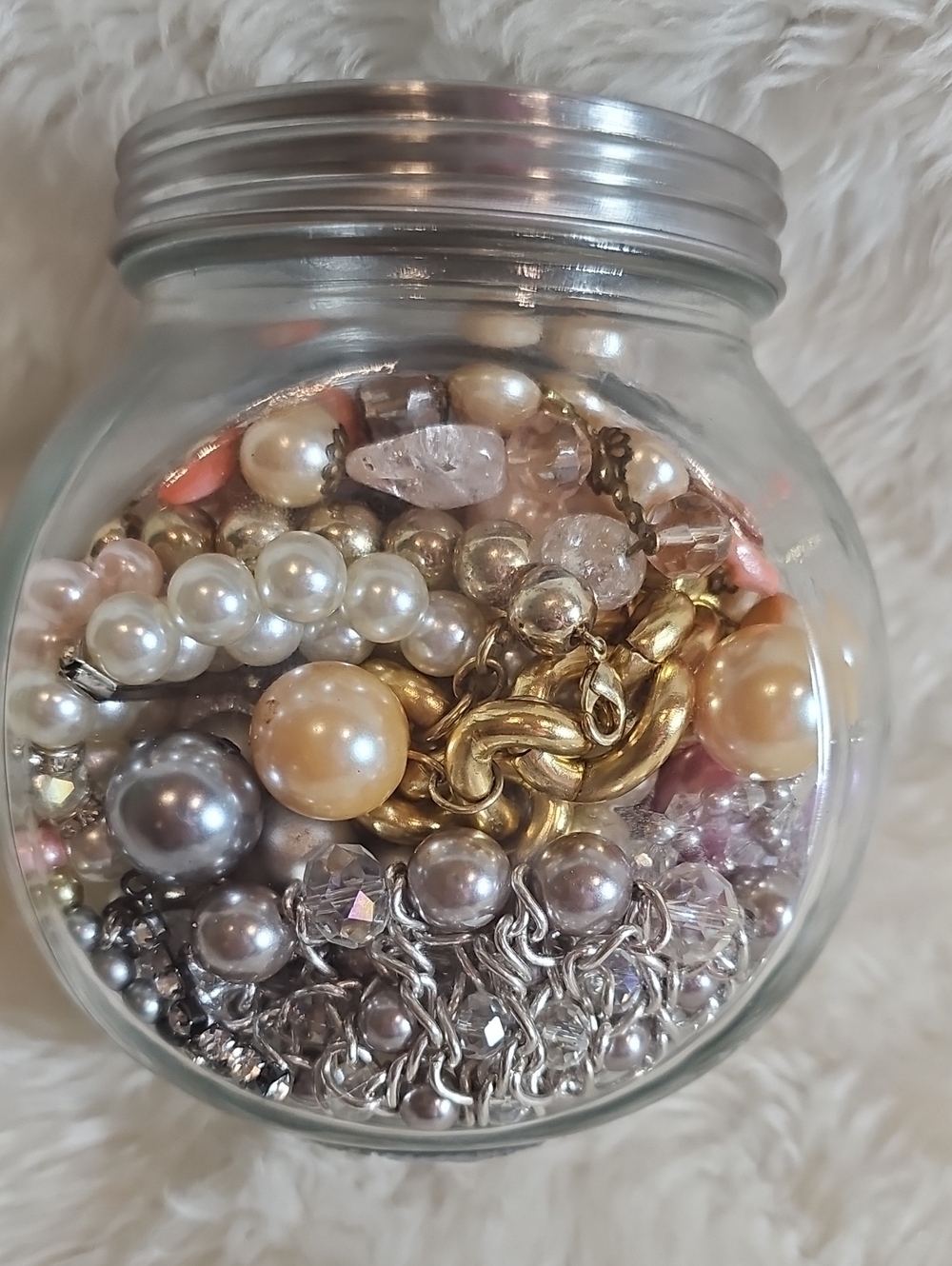 Vintage to Now Faux Pearl Jewelry Jar – Wearable Mixed Jewelry – Ring & Brooch